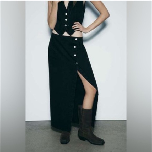 Zara Black Denim Wrap Midi Skirt - Picture 2 of 5